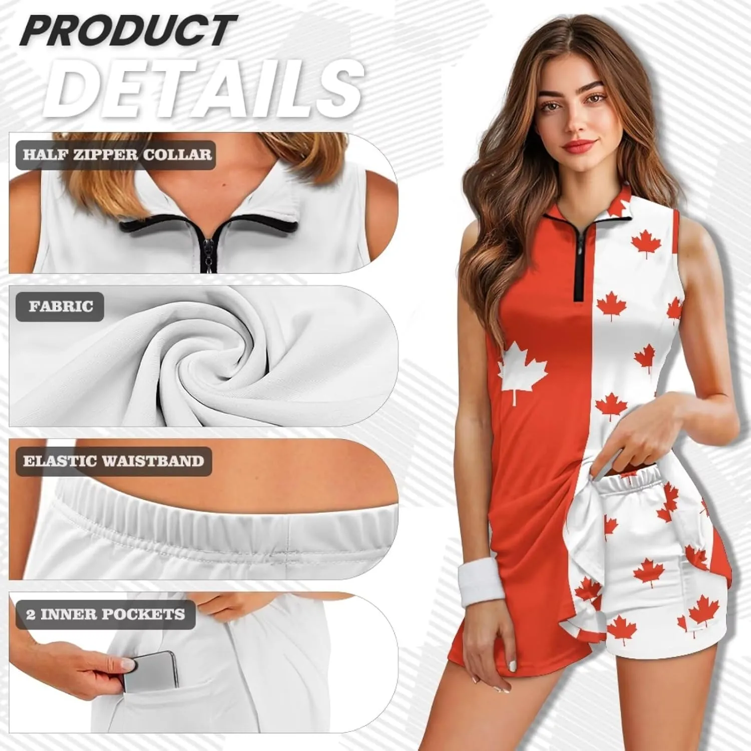 Women's Tennis Golf Dress with Built in Shorts and Pockets Activewear Workout Zipper Dress Sleeveless Gym Dress