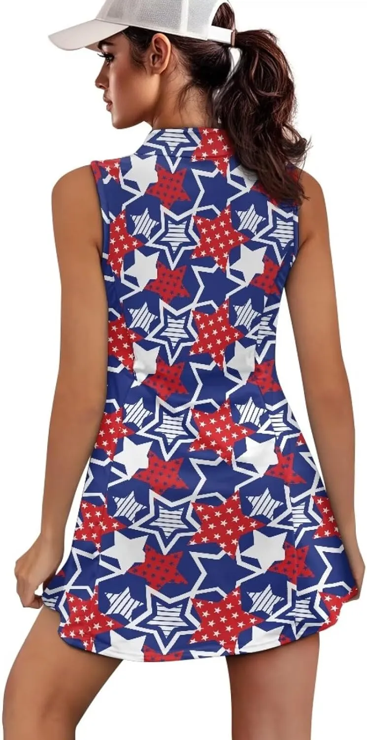 Women's Tennis Golf Dresses with Built in Shorts and Pockets Zip Up Athletic Sleeveless Dress Workout Activewear