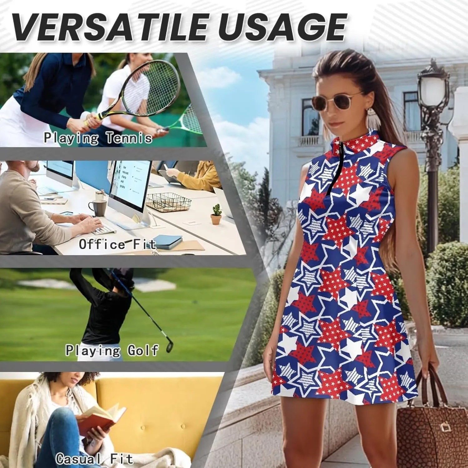 Women's Tennis Golf Dresses with Built in Shorts and Pockets Zip Up Athletic Sleeveless Dress Workout Activewear