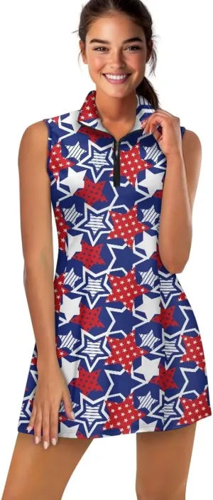 Women's Tennis Golf Dresses with Built in Shorts and Pockets Zip Up Athletic Sleeveless Dress Workout Activewear
