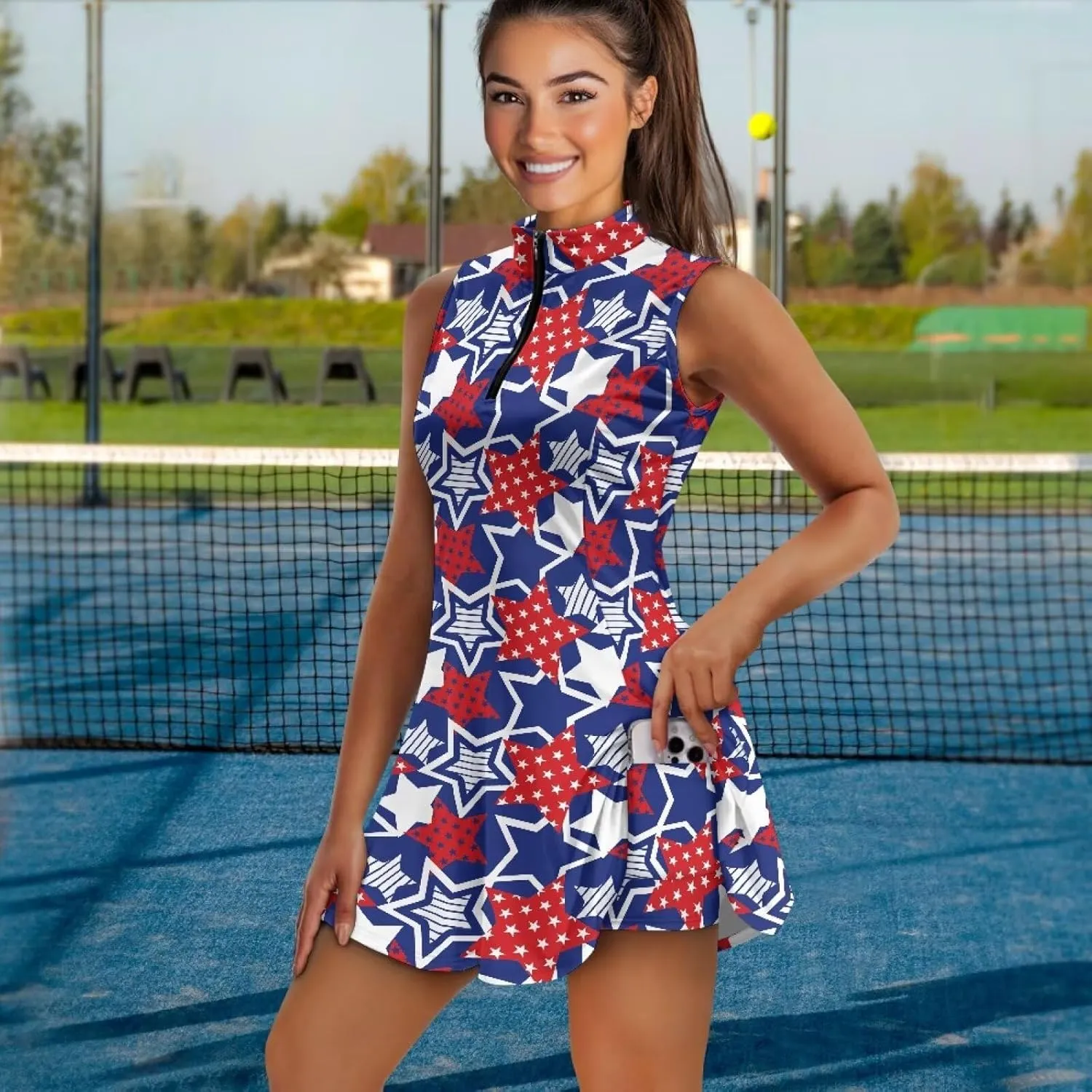 Women's Tennis Golf Dresses with Built in Shorts and Pockets Zip Up Athletic Sleeveless Dress Workout Activewear
