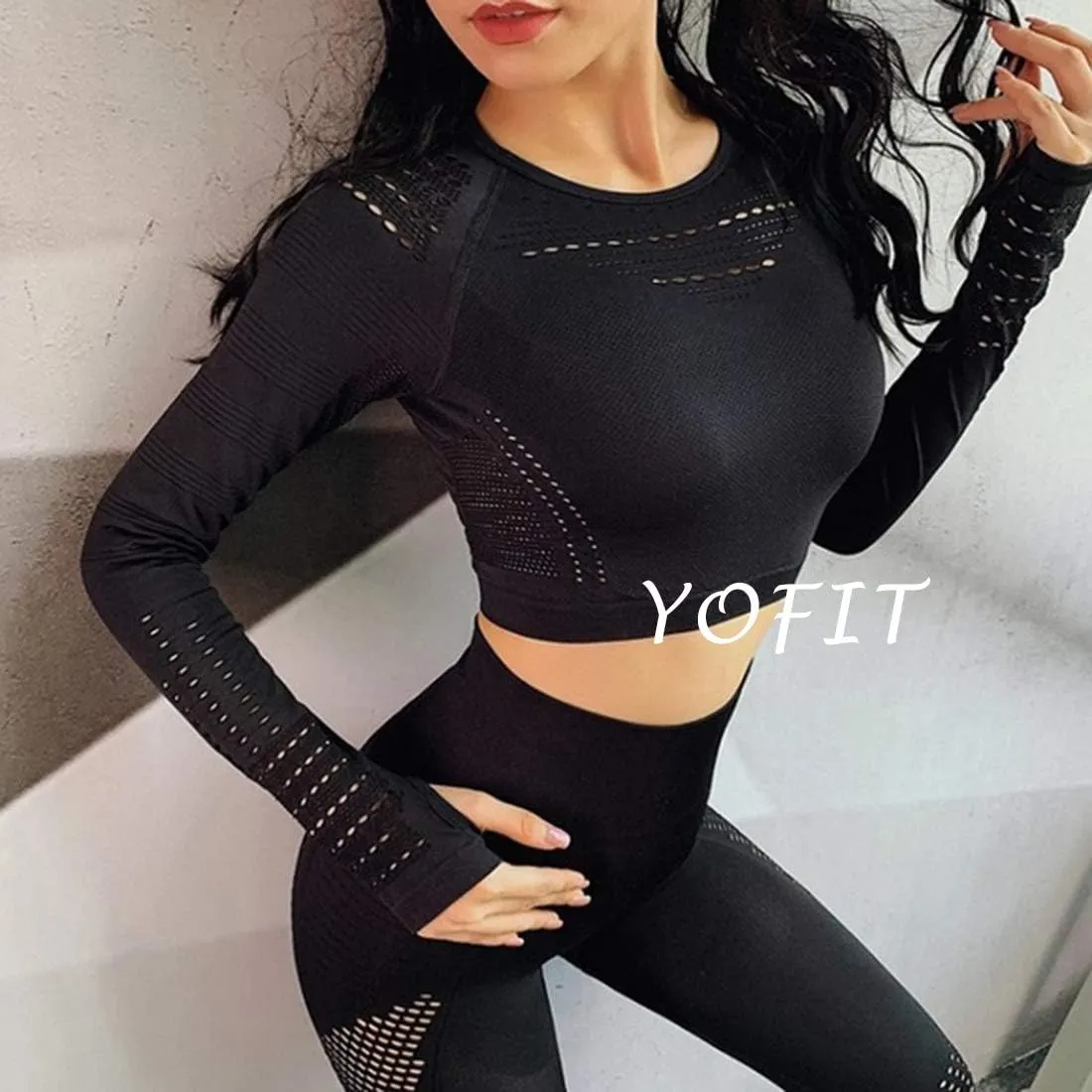 Women's Workout Outfit 2 Pieces Seamless High Waist Yoga Leggings with Long Sleeve Crop Top Gym Clothes Set