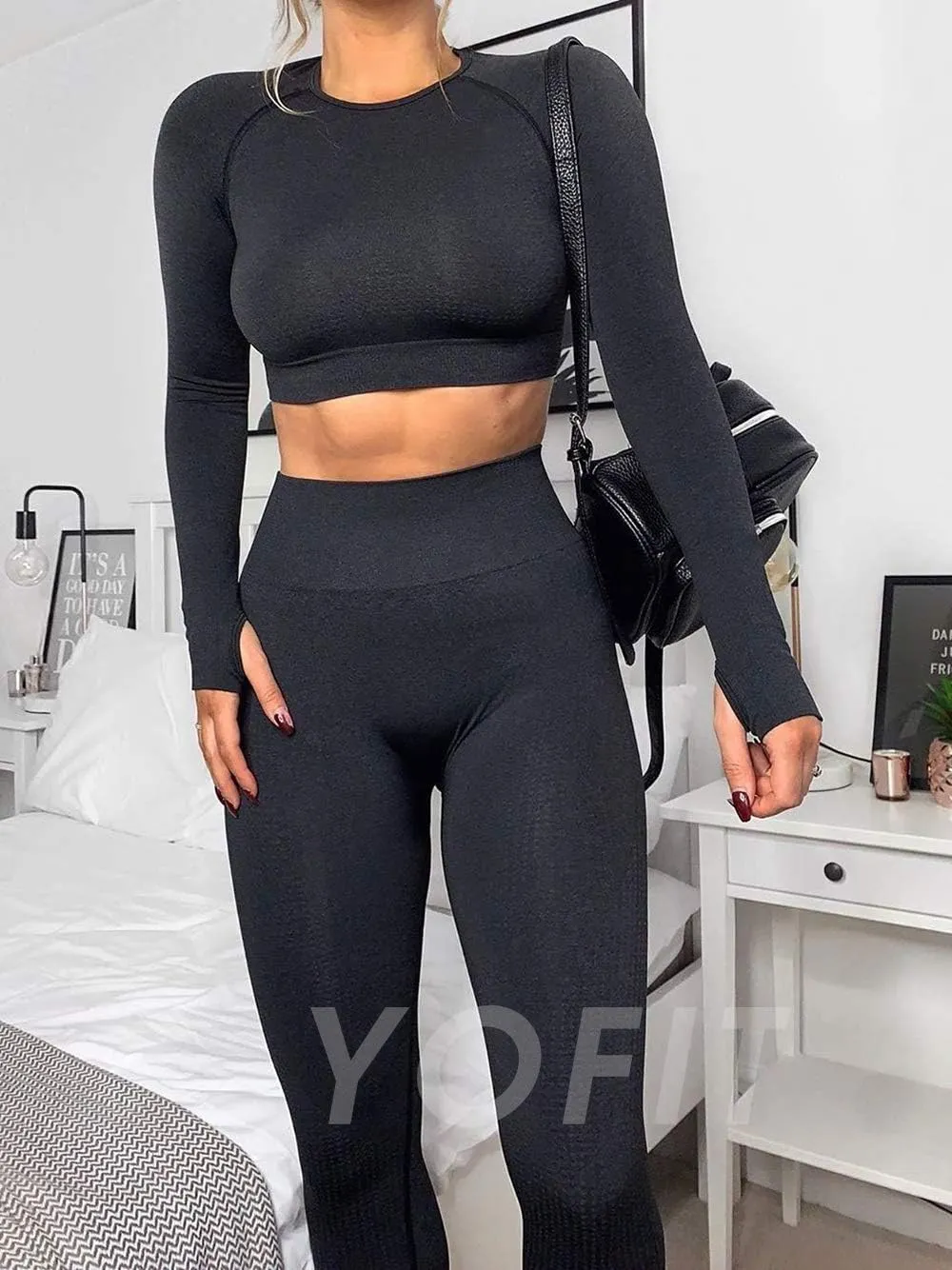 Women's Workout Outfit 2 Pieces Seamless High Waist Yoga Leggings with Long Sleeve Crop Top Gym Clothes Set