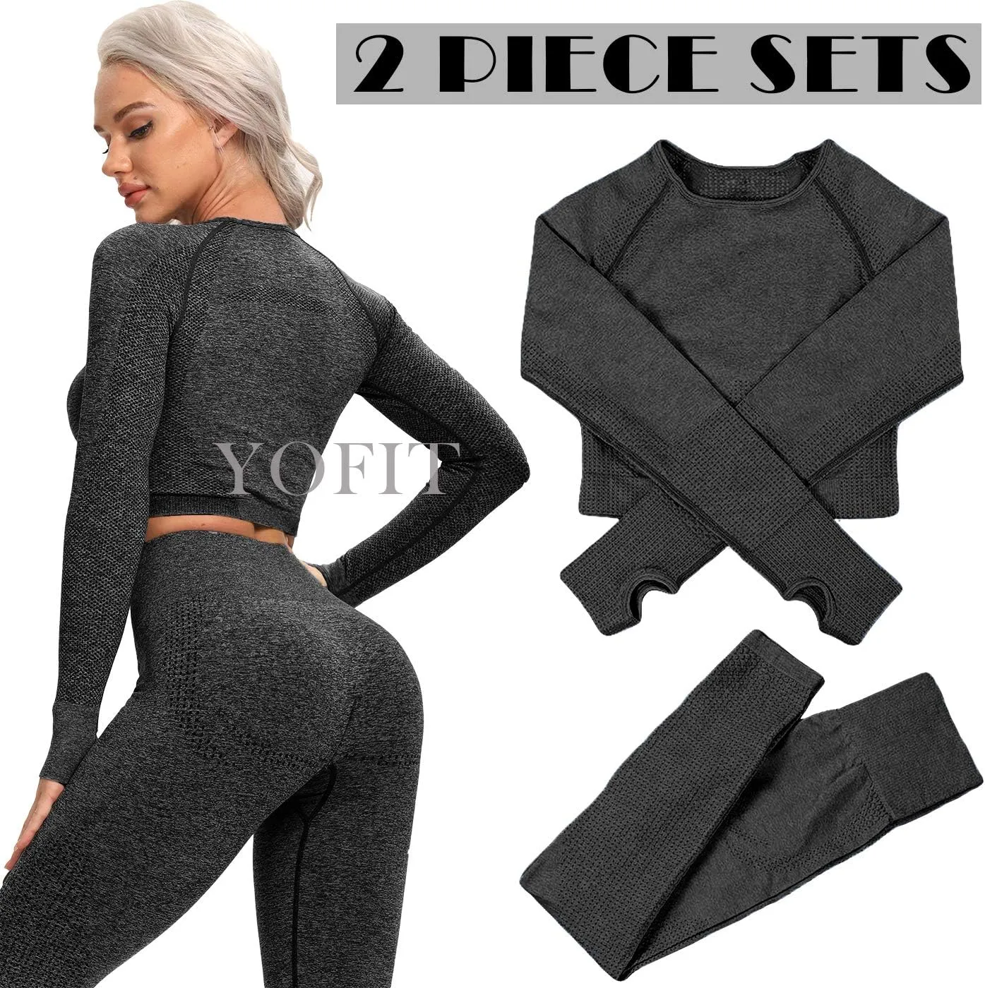 Women's Workout Outfit 2 Pieces Seamless High Waist Yoga Leggings with Long Sleeve Crop Top Gym Clothes Set