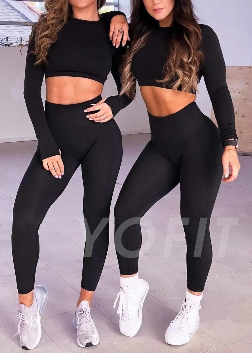 Women's Workout Outfit 2 Pieces Seamless High Waist Yoga Leggings with Long Sleeve Crop Top Gym Clothes Set