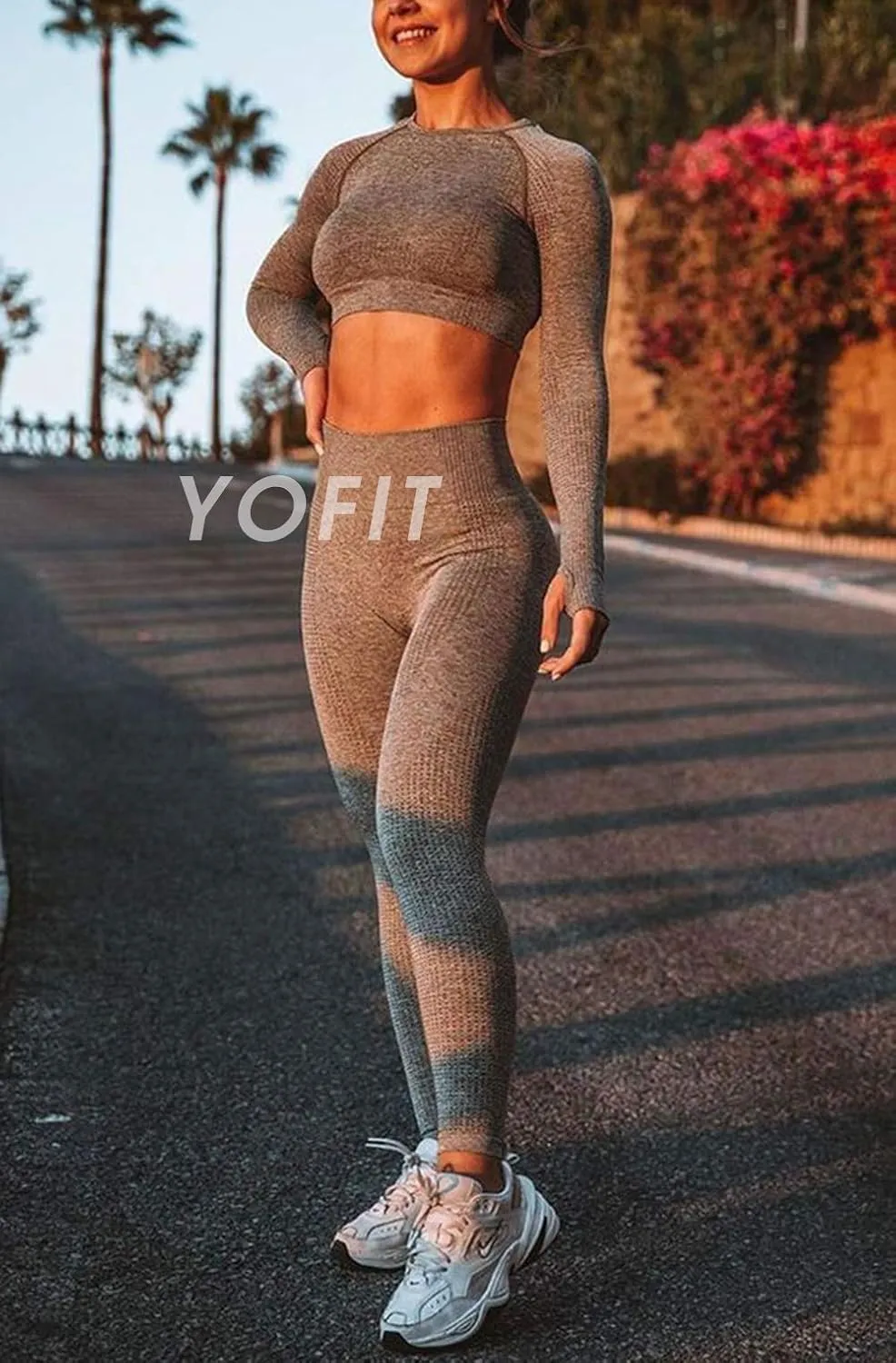 Women's Workout Outfit 2 Pieces Seamless High Waist Yoga Leggings with Long Sleeve Crop Top Gym Clothes Set