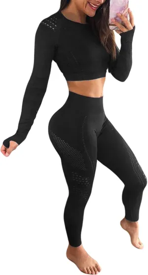 Women's Workout Outfit 2 Pieces Seamless High Waist Yoga Leggings with Long Sleeve Crop Top Gym Clothes Set