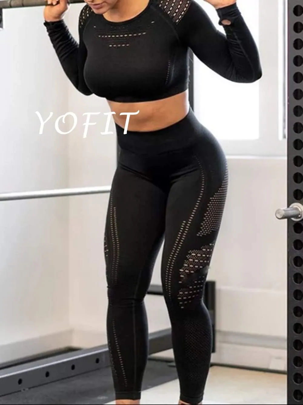 Women's Workout Outfit 2 Pieces Seamless High Waist Yoga Leggings with Long Sleeve Crop Top Gym Clothes Set