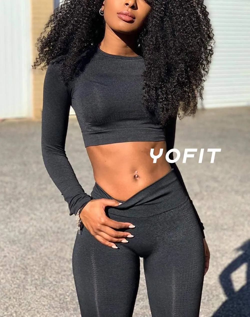 Women's Workout Outfit 2 Pieces Seamless High Waist Yoga Leggings with Long Sleeve Crop Top Gym Clothes Set