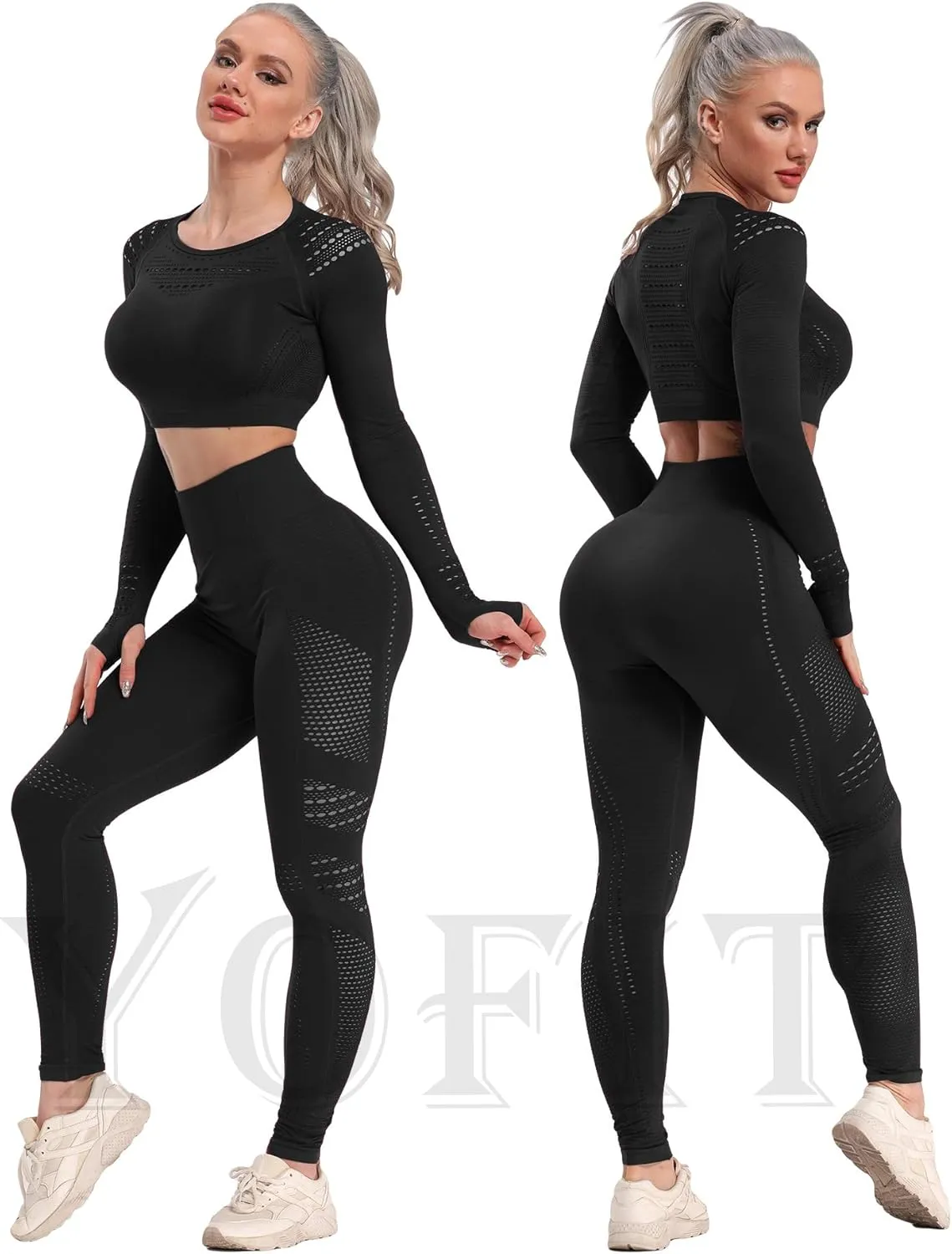 Women's Workout Outfit 2 Pieces Seamless High Waist Yoga Leggings with Long Sleeve Crop Top Gym Clothes Set
