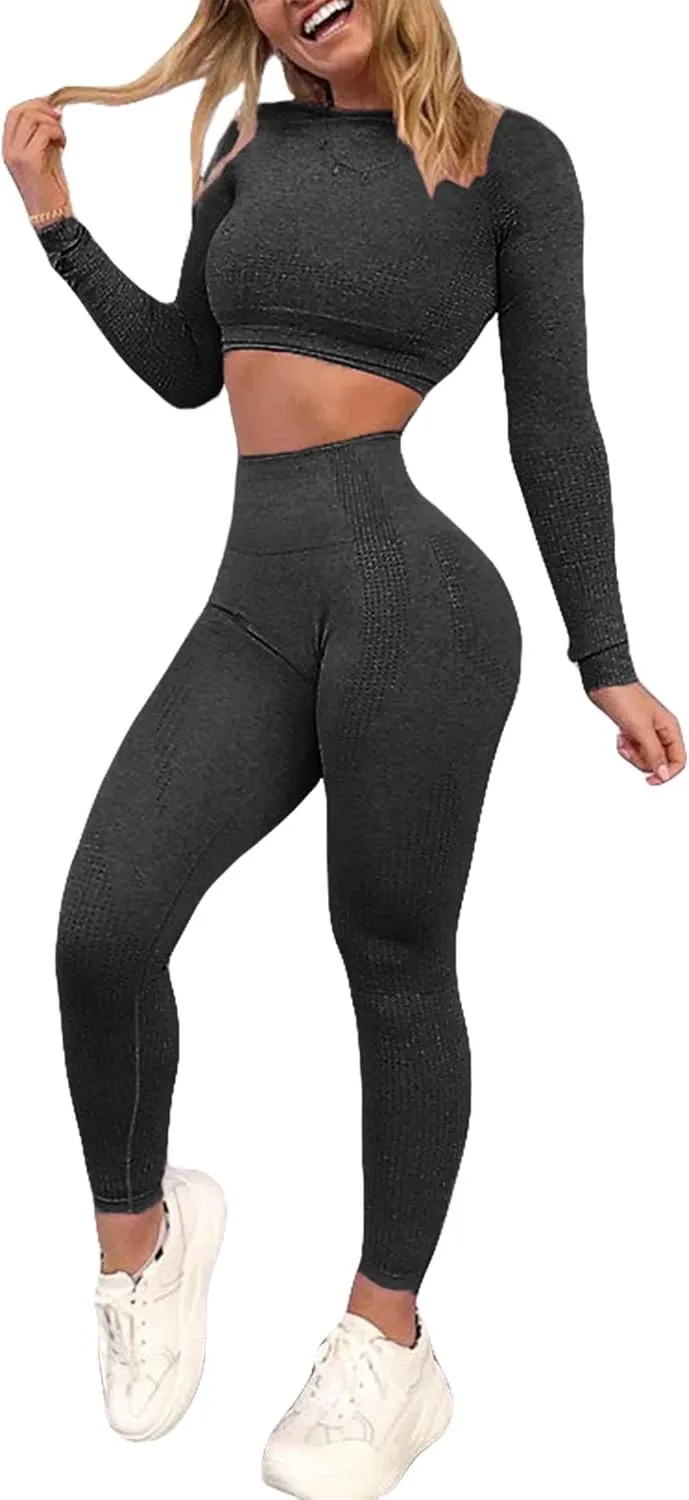 Women's Workout Outfit 2 Pieces Seamless High Waist Yoga Leggings with Long Sleeve Crop Top Gym Clothes Set