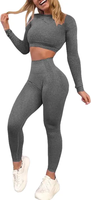 Women's Workout Outfit 2 Pieces Seamless High Waist Yoga Leggings with Long Sleeve Crop Top Gym Clothes Set