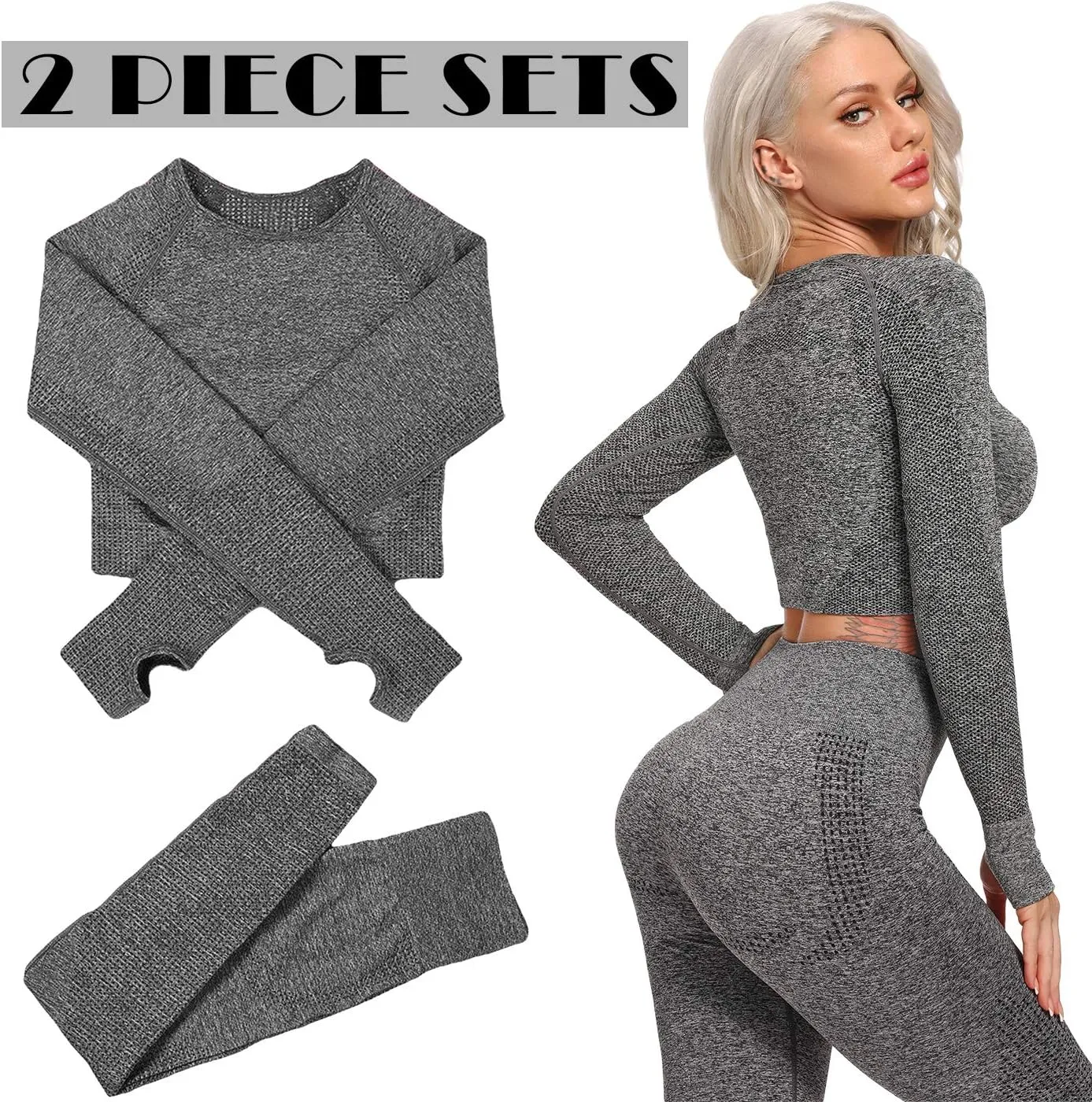 Women's Workout Outfit 2 Pieces Seamless High Waist Yoga Leggings with Long Sleeve Crop Top Gym Clothes Set