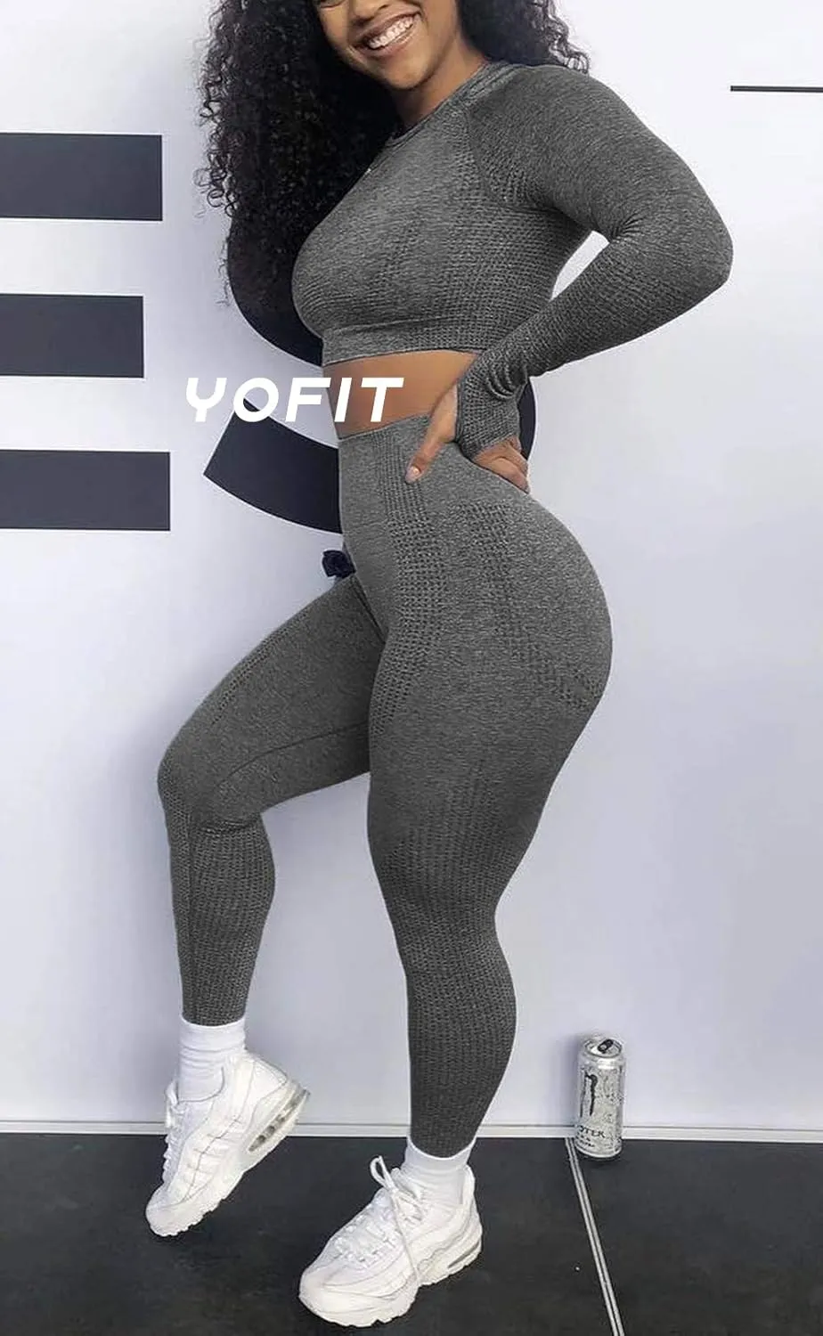 Women's Workout Outfit 2 Pieces Seamless High Waist Yoga Leggings with Long Sleeve Crop Top Gym Clothes Set