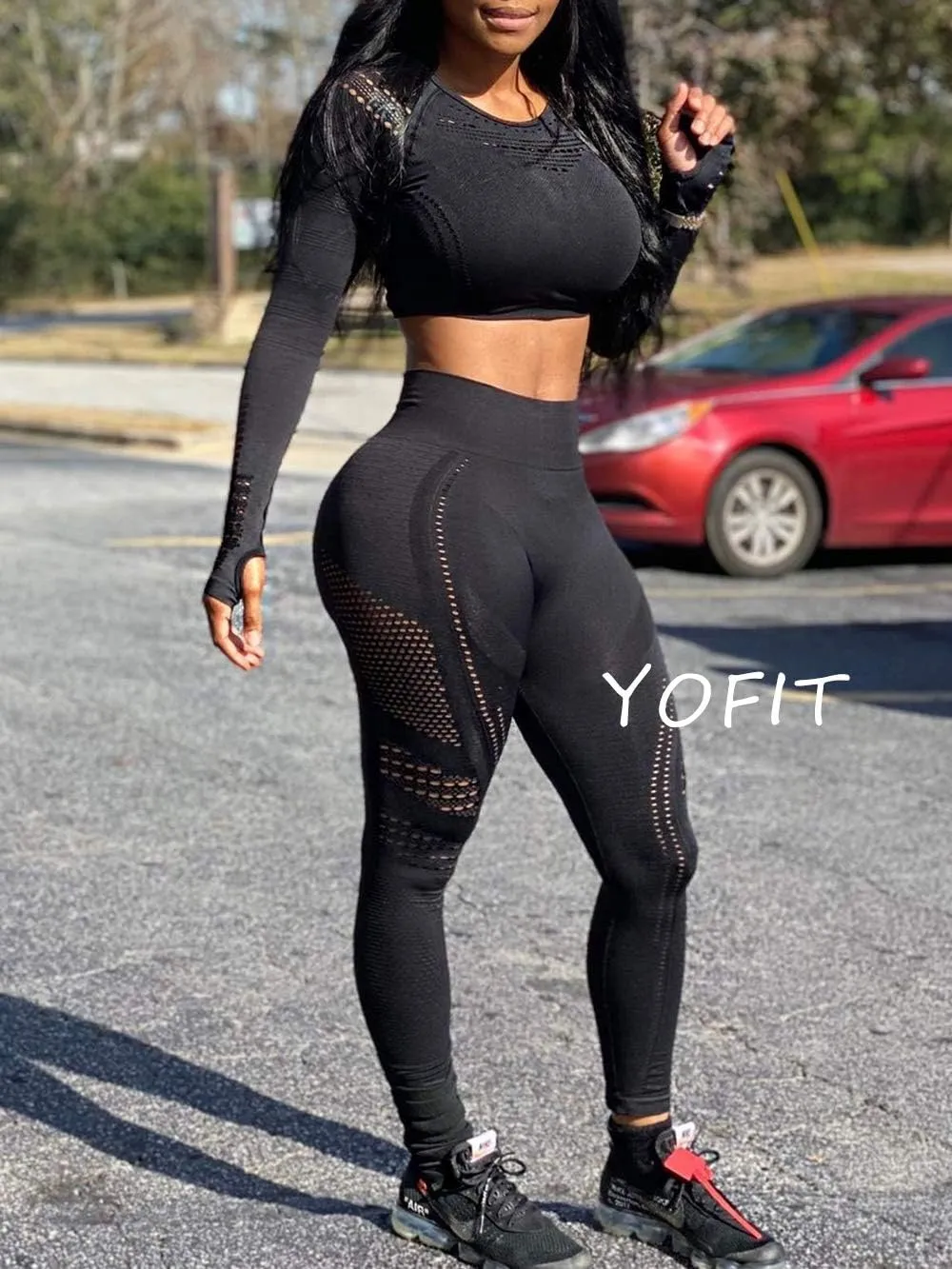 Women's Workout Outfit 2 Pieces Seamless High Waist Yoga Leggings with Long Sleeve Crop Top Gym Clothes Set