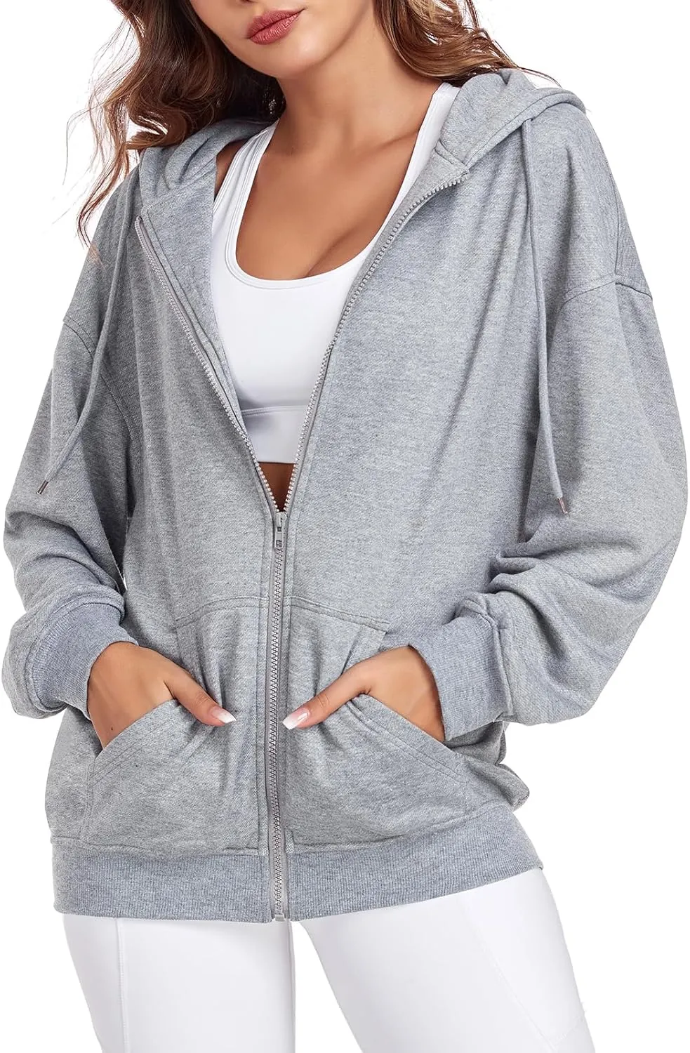 Womens Zip Up Hoodies Casual Long Sleeve Oversized Sweatshirts Y2K Fall Fashion Jackets with Pockets