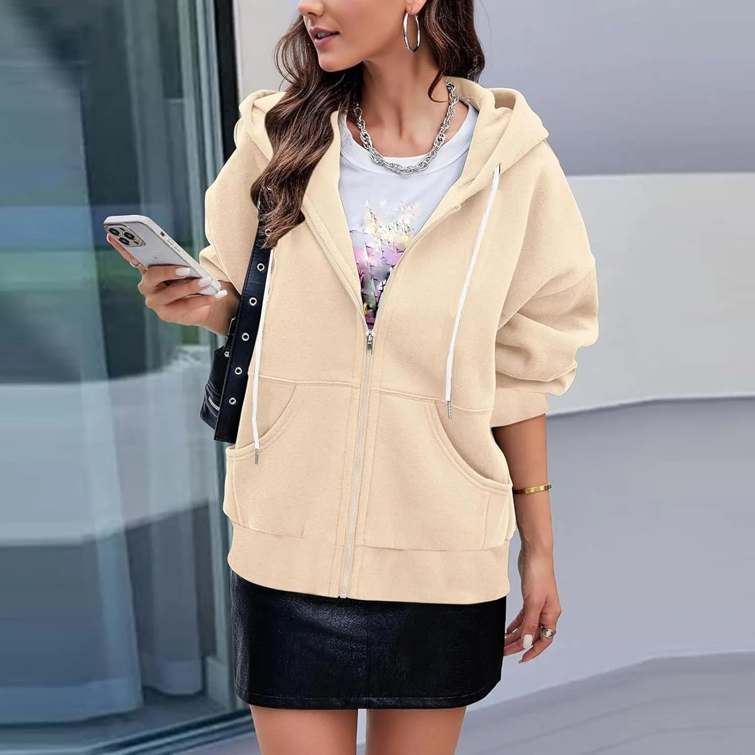 Women's Zip Up Hoodies Fleeced Long Sleeve Fall Coats Oversized Jackets With Pockets Tunic Casual Hooded Sweatshirt