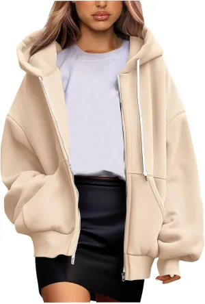 Women's Zip Up Hoodies Fleeced Long Sleeve Fall Coats Oversized Jackets With Pockets Tunic Casual Hooded Sweatshirt