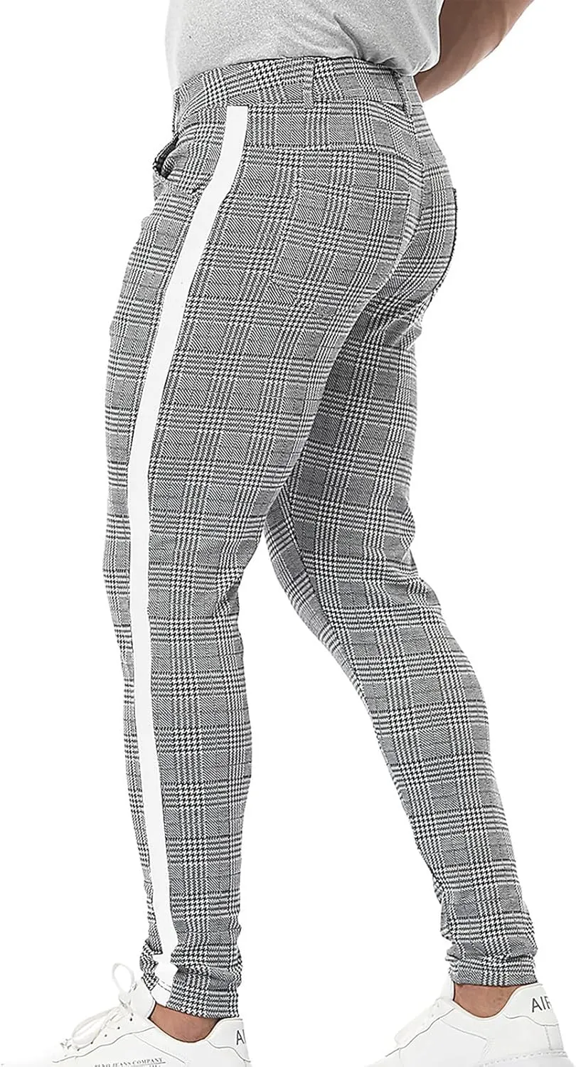 Ymosrh Chino Pants Men Straight Casual Stretch Flat-Front Expandable Waist Checkered Dress Pants Stretch Khaki