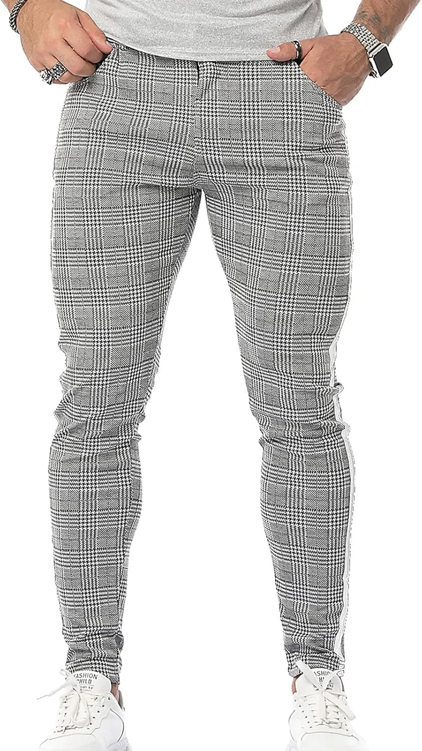 Ymosrh Chino Pants Men Straight Casual Stretch Flat-Front Expandable Waist Checkered Dress Pants Stretch Khaki