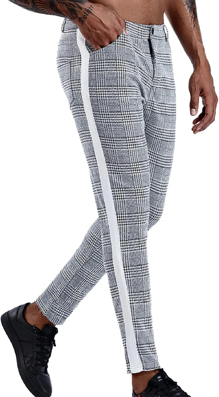 Ymosrh Chino Pants Men Straight Casual Stretch Flat-Front Expandable Waist Checkered Dress Pants Stretch Khaki
