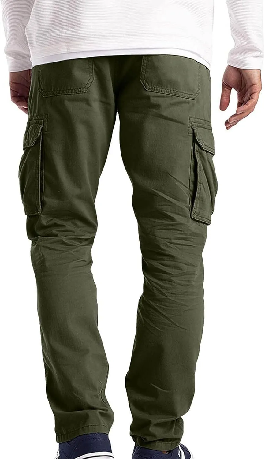 Ymosrh Mens Large Tall Pants Men's Slim Fashion Solid Color Casual Pants Multi Pocket Straight Cargo Pants Stretch