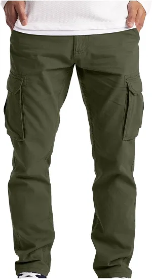 Ymosrh Mens Large Tall Pants Men's Slim Fashion Solid Color Casual Pants Multi Pocket Straight Cargo Pants Stretch
