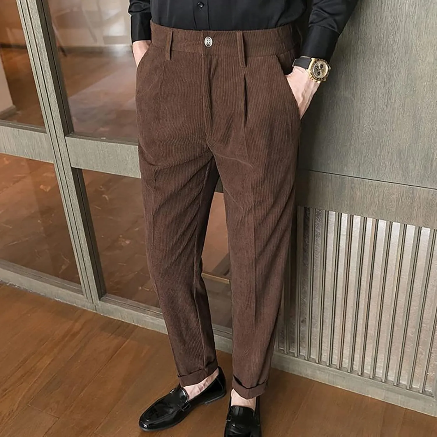 Ymosrh Men's Pants Fashion Slim Fit Corduroy Trousers Business Formal Pants Casual Golf, S-2XL