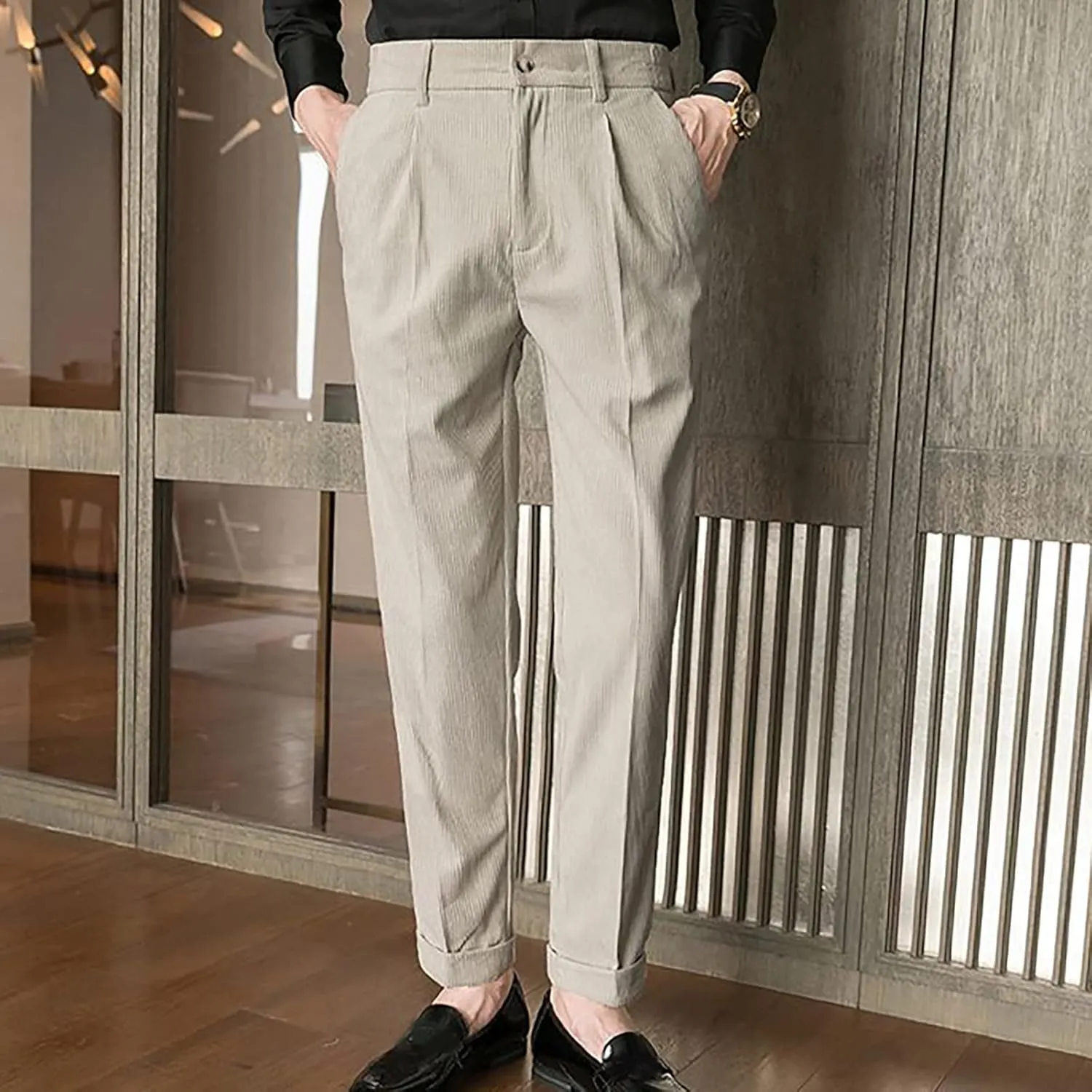 Ymosrh Men's Pants Fashion Slim Fit Corduroy Trousers Business Formal Pants Casual Golf, S-2XL
