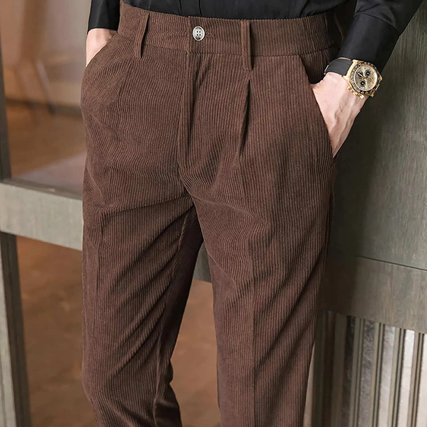 Ymosrh Men's Pants Fashion Slim Fit Corduroy Trousers Business Formal Pants Casual Golf, S-2XL