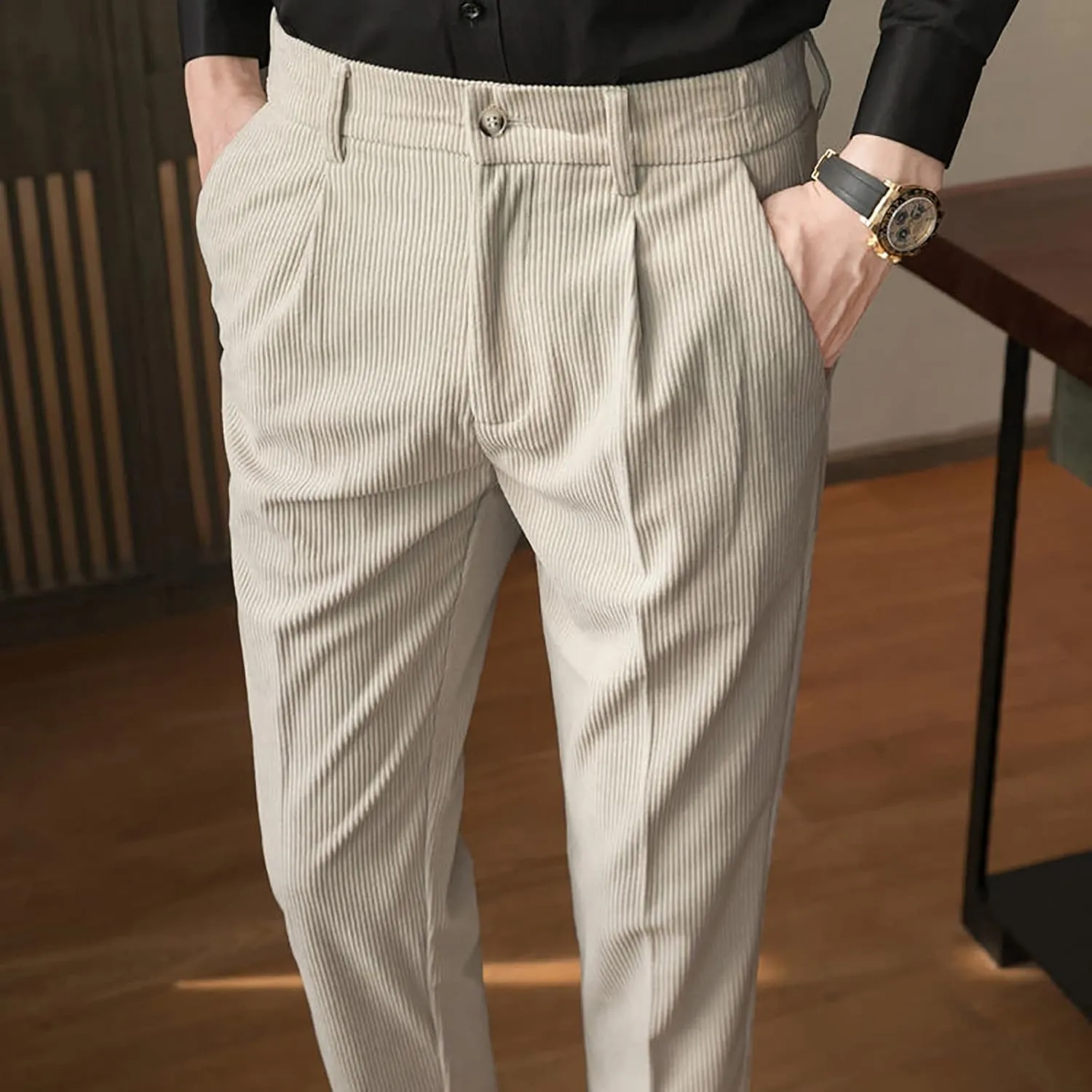 Ymosrh Men's Pants Fashion Slim Fit Corduroy Trousers Business Formal Pants Casual Golf, S-2XL