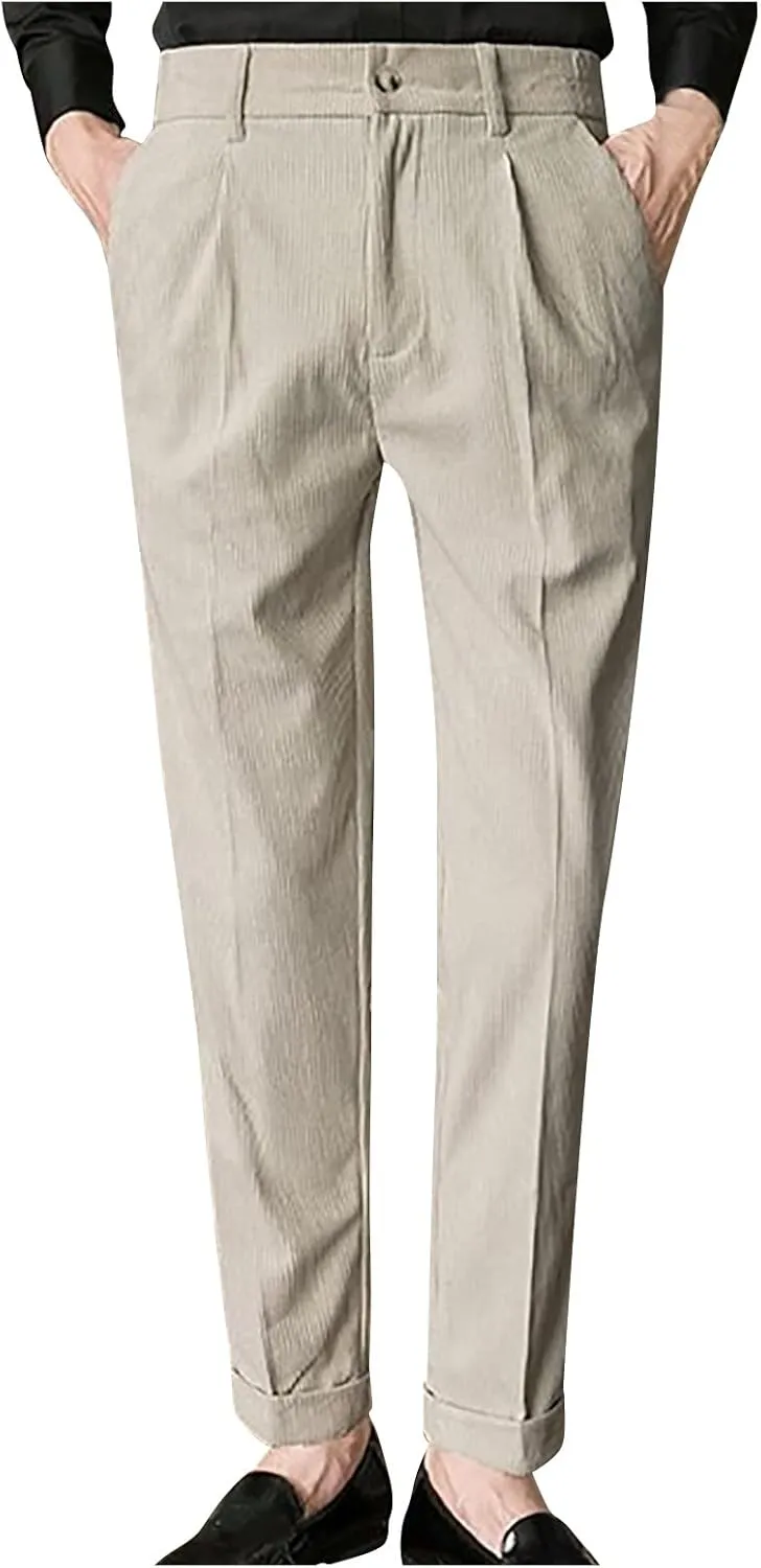 Ymosrh Men's Pants Fashion Slim Fit Corduroy Trousers Business Formal Pants Casual Golf, S-2XL