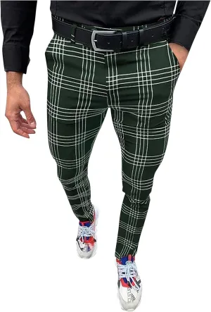 Ymosrh Men's Pants Fashion Stretch Dress Pants Slim Fit Plaid Skinny Long Pants Casual Business Golf Dress Pants, S-3XL