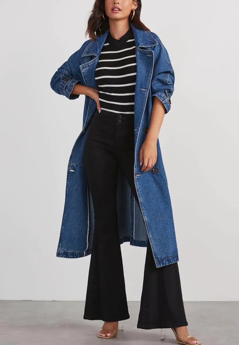 yoeasy Women's Notched Collar Denim Trench Coat Double Breasted Midi Long Casual Loose Jean Jacket Coat with Belt
