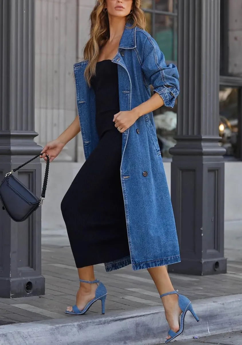 yoeasy Women's Notched Collar Denim Trench Coat Double Breasted Midi Long Casual Loose Jean Jacket Coat with Belt