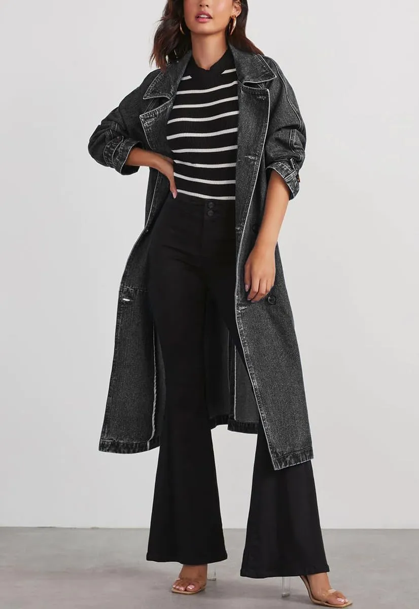 yoeasy Women's Notched Collar Denim Trench Coat Double Breasted Midi Long Casual Loose Jean Jacket Coat with Belt