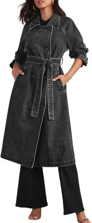 yoeasy Women's Notched Collar Denim Trench Coat Double Breasted Midi Long Casual Loose Jean Jacket Coat with Belt
