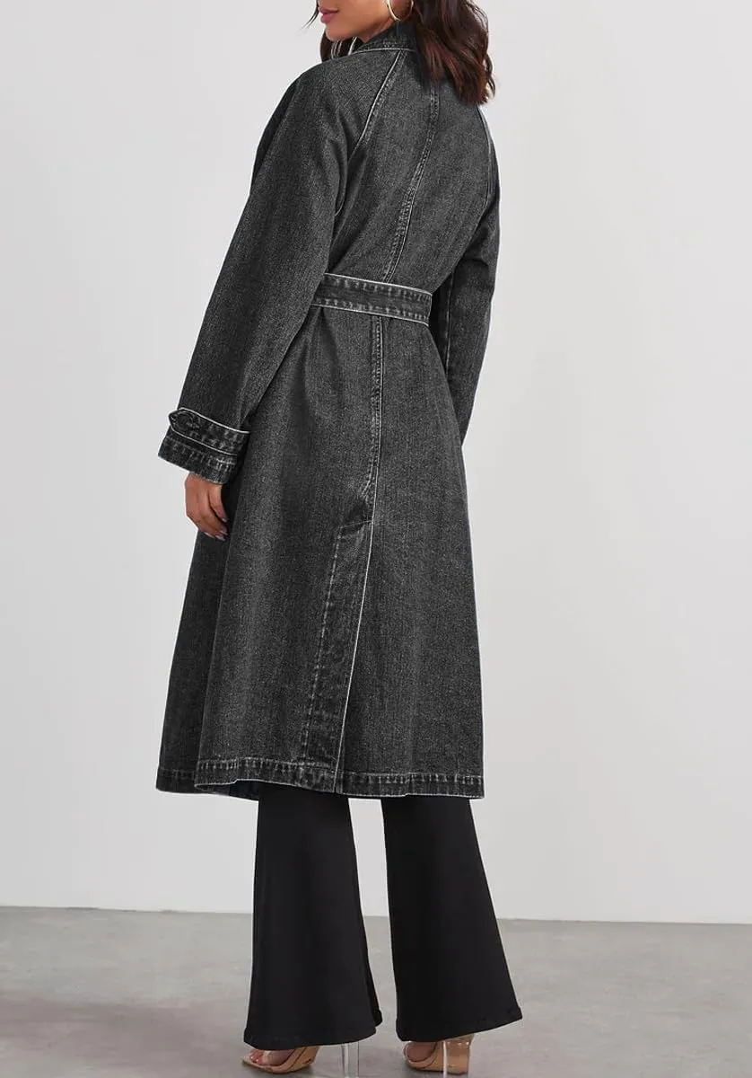 yoeasy Women's Notched Collar Denim Trench Coat Double Breasted Midi Long Casual Loose Jean Jacket Coat with Belt