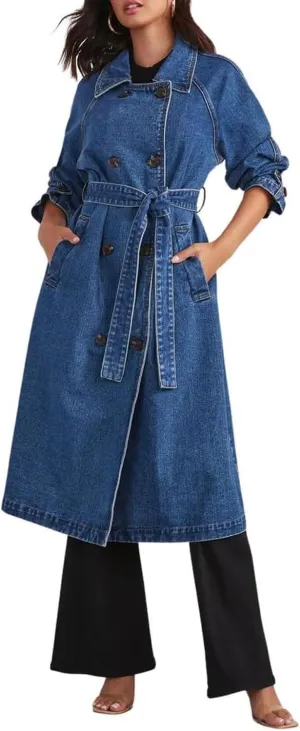yoeasy Women's Notched Collar Denim Trench Coat Double Breasted Midi Long Casual Loose Jean Jacket Coat with Belt