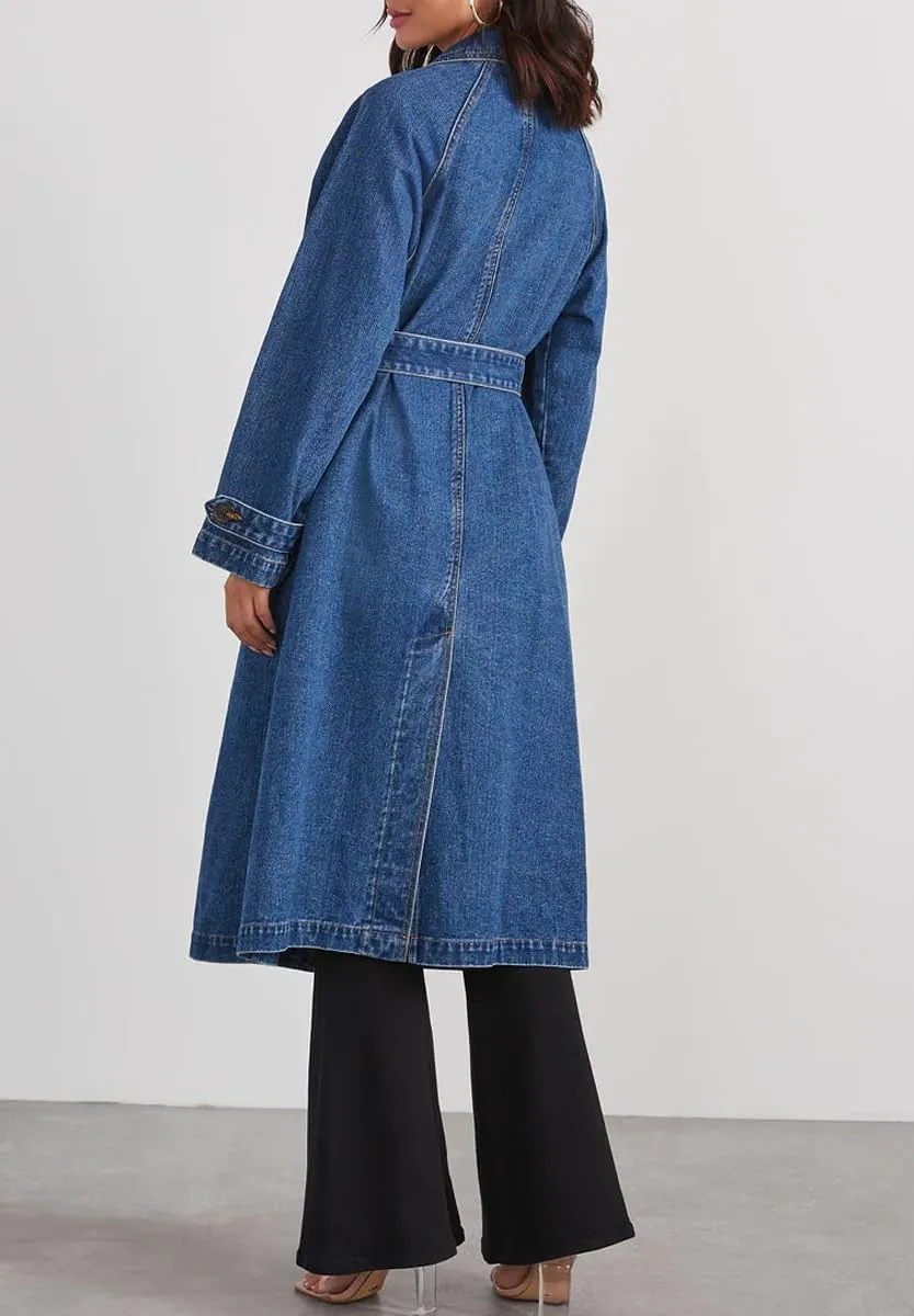 yoeasy Women's Notched Collar Denim Trench Coat Double Breasted Midi Long Casual Loose Jean Jacket Coat with Belt