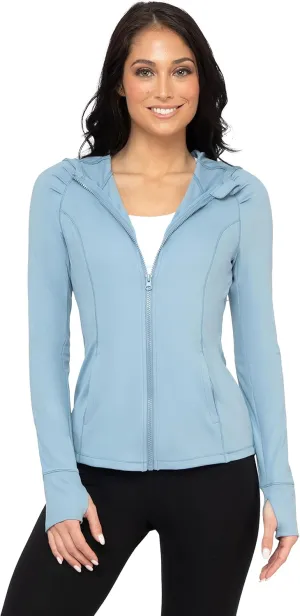 Yogalicious Lux Full-Zip Hooded Running Workout Yoga Jacket - Faded Denim - Small