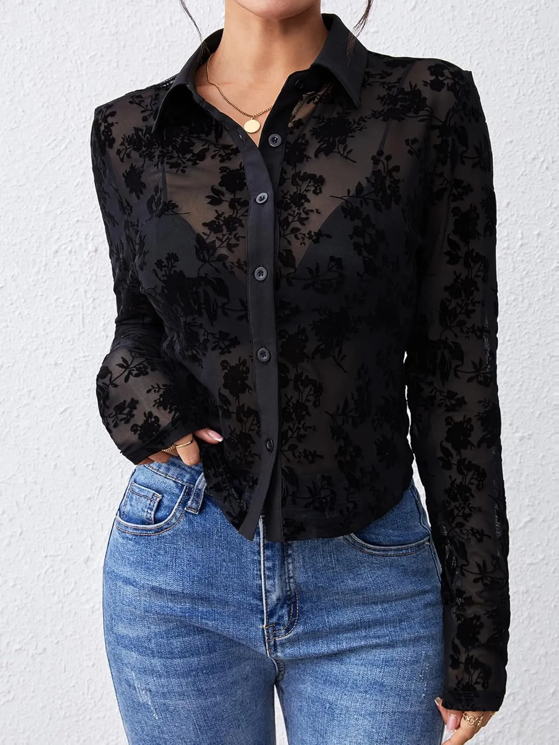 ZANZEA Women's Sexy Mesh Shirt Sheer Button Up Blouse See Through Long Sleeve Crop Top