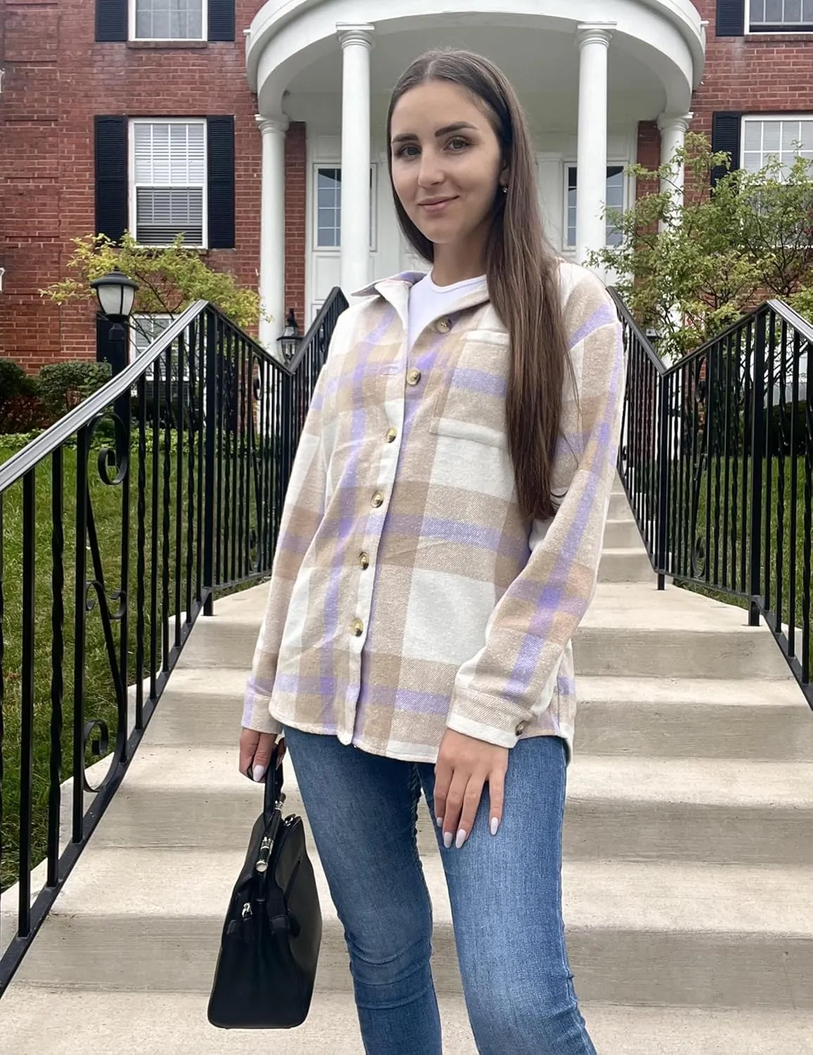 Zeagoo Women Flannel Shacket Jacket Plaid Button Down Long Sleeve Shirt Fall Outfits 2024