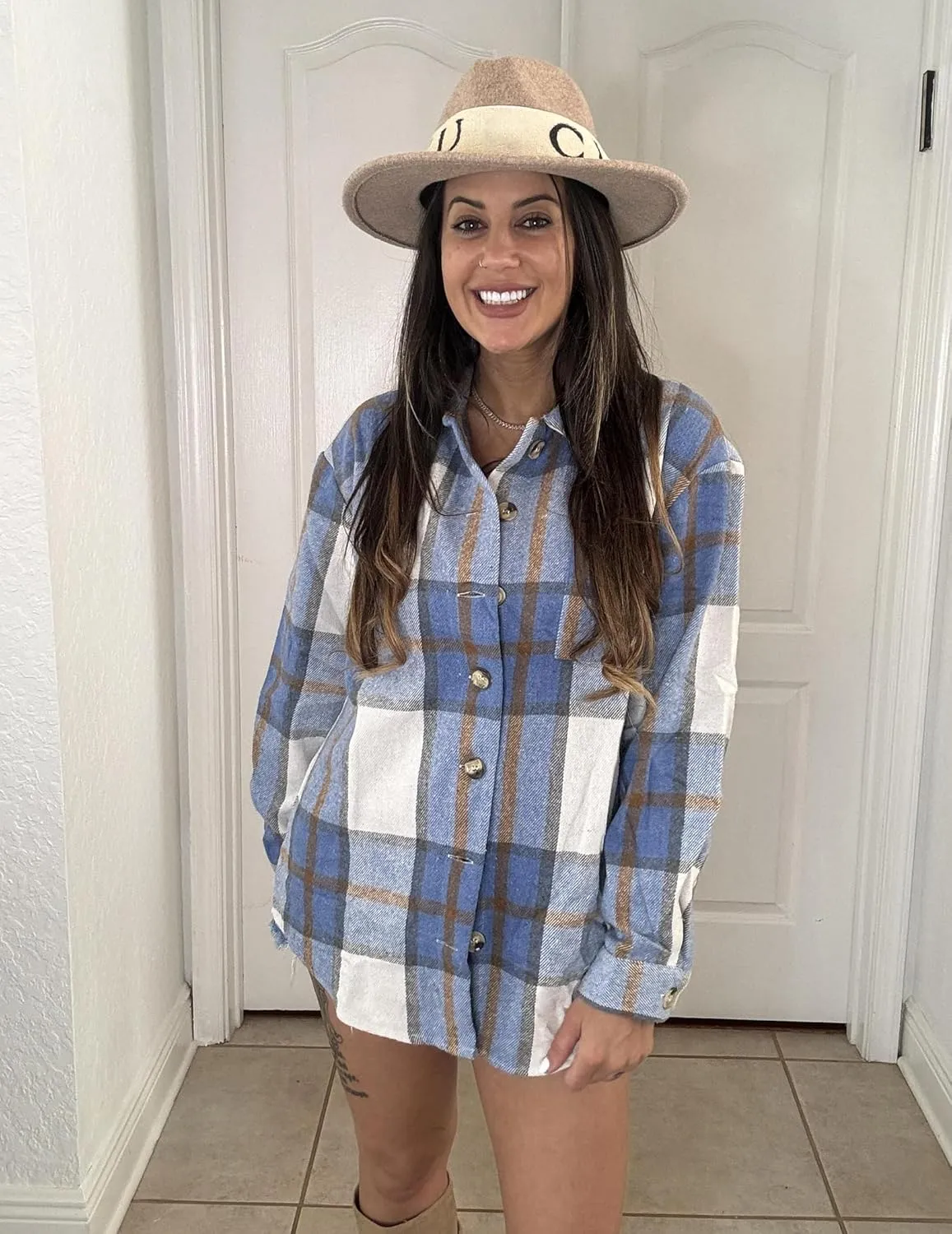 Zeagoo Women Flannel Shacket Jacket Plaid Button Down Long Sleeve Shirt Fall Outfits 2024