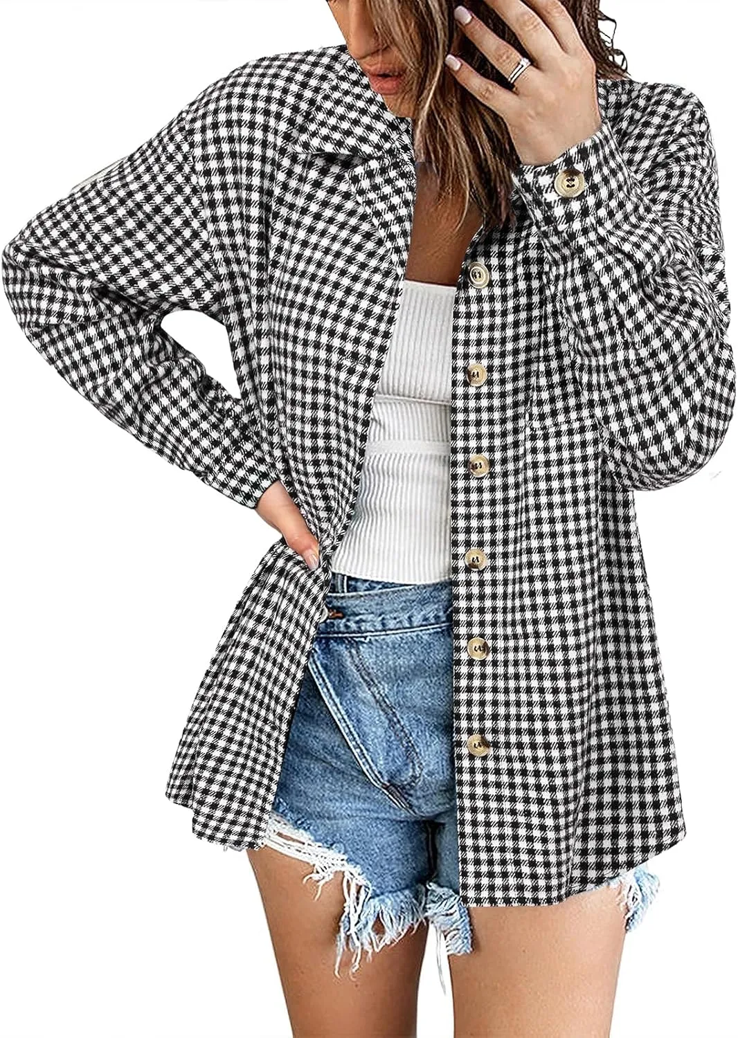 Zeagoo Women Flannel Shacket Jacket Plaid Button Down Long Sleeve Shirt Fall Outfits 2024