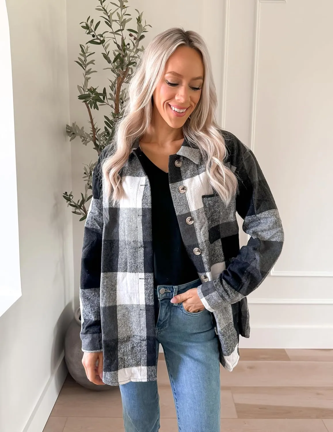 Zeagoo Women Flannel Shacket Jacket Plaid Button Down Long Sleeve Shirt Fall Outfits 2024