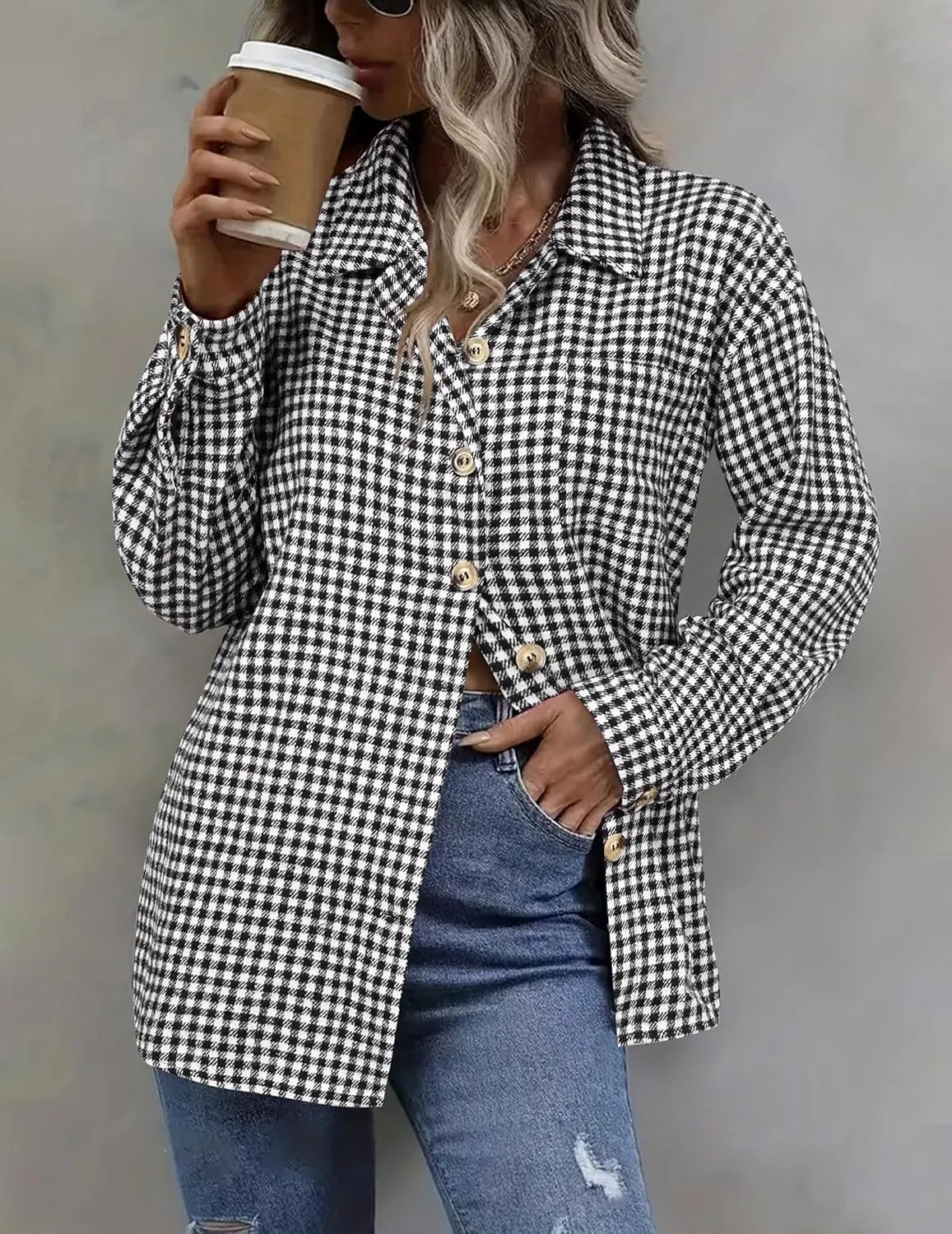 Zeagoo Women Flannel Shacket Jacket Plaid Button Down Long Sleeve Shirt Fall Outfits 2024