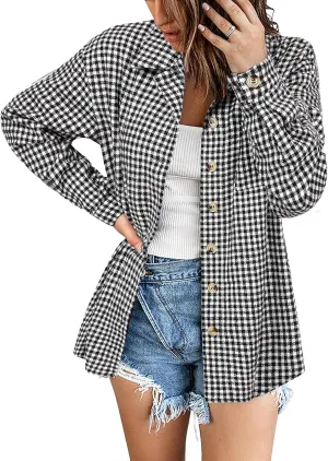 Zeagoo Women Flannel Shacket Jacket Plaid Button Down Long Sleeve Shirt Fall Outfits 2024