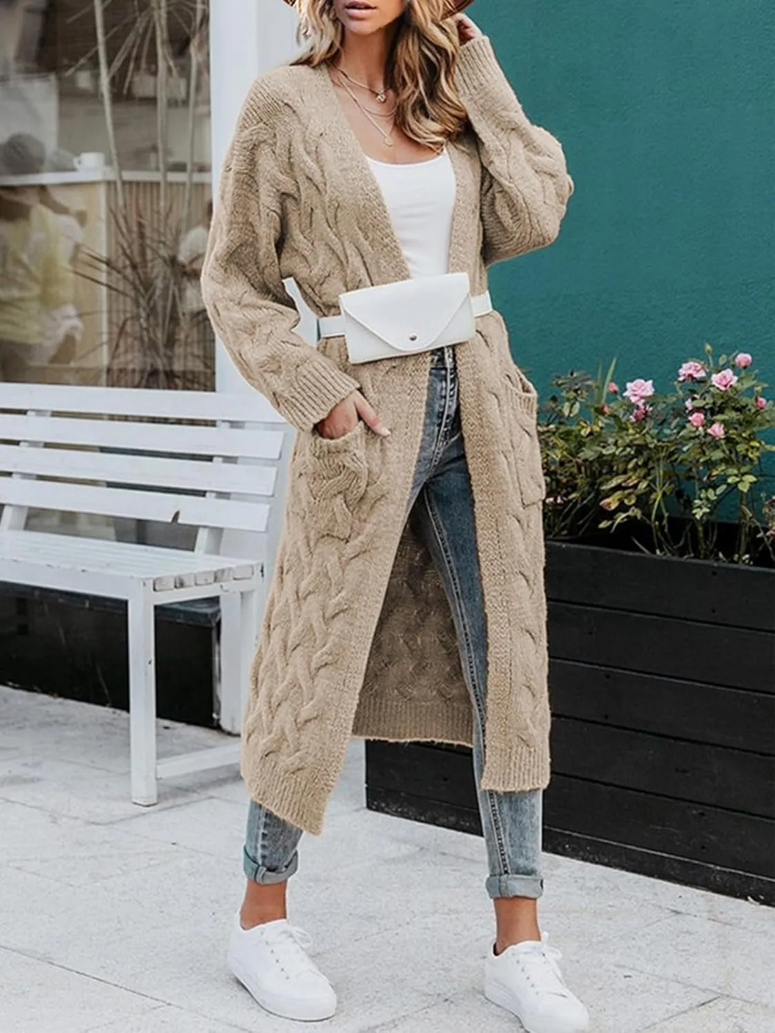 ZIWOCH Women's Long Cardigan Coats Cable Knit Casual Open Front Long Sleeve Loose Sweater with Pockets