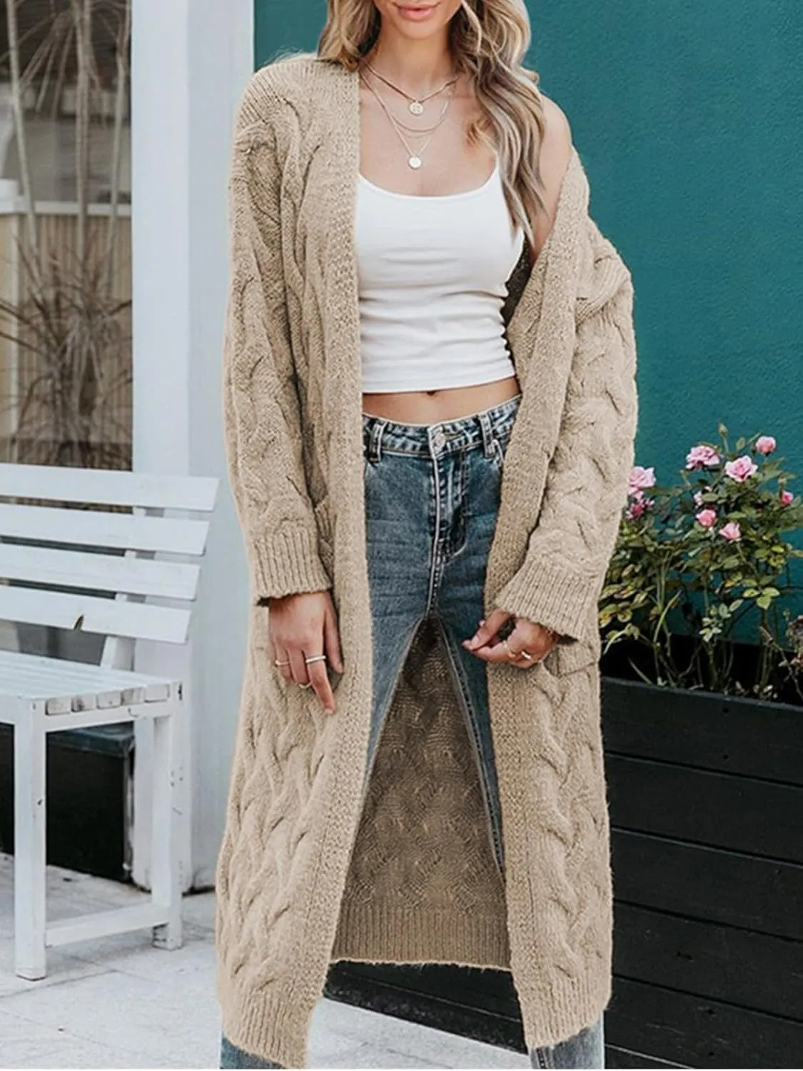 ZIWOCH Women's Long Cardigan Coats Cable Knit Casual Open Front Long Sleeve Loose Sweater with Pockets